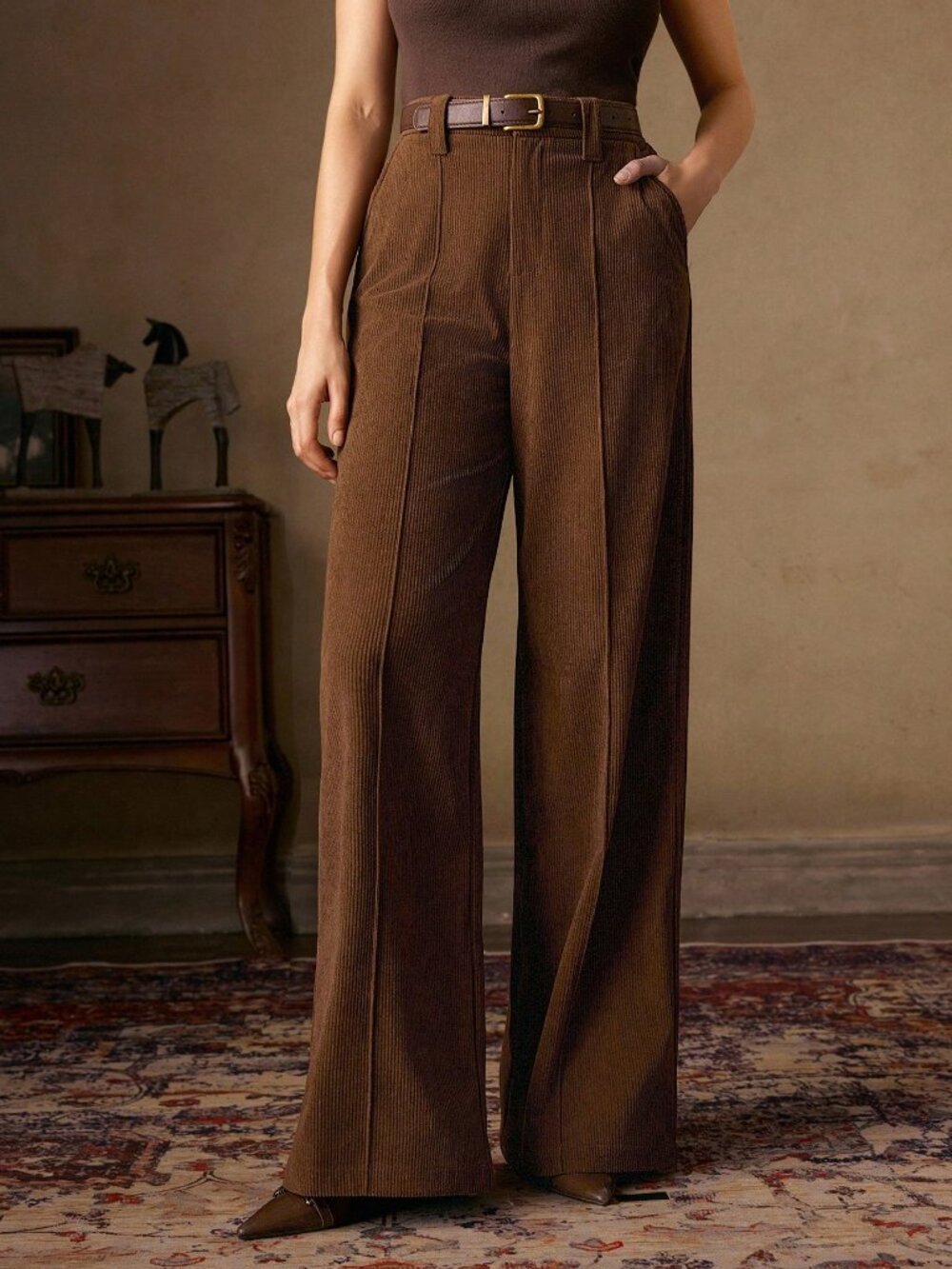 Brown Casual Women's Corduroy Trousers with Design Belt - Picture 6 of 7